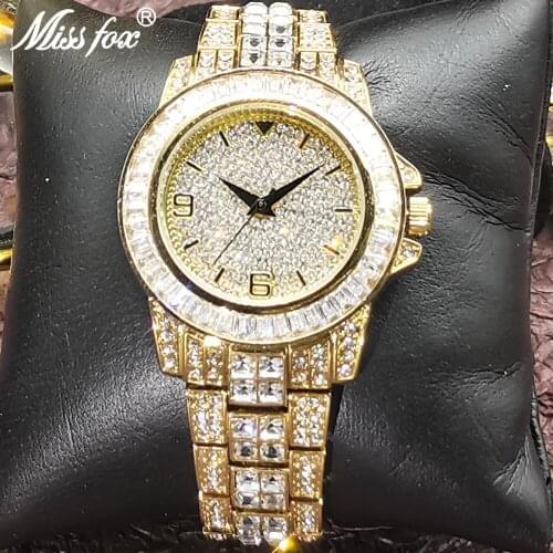 Top MISSFOX Hip Hip 18k Gold Mens Watches Iced Out Big CZ Diamond Quartz Watch Full Steel Gentleman Male Watch AAA Jewelry Clock