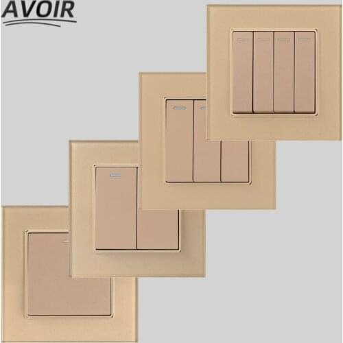 Avoir Wall Light Switch Luxury Gold Glass Panel Push Button Switches 1 2 3 4 Gang 1 2 Way Rocker Switch For Home 86mm x 86mm 16A