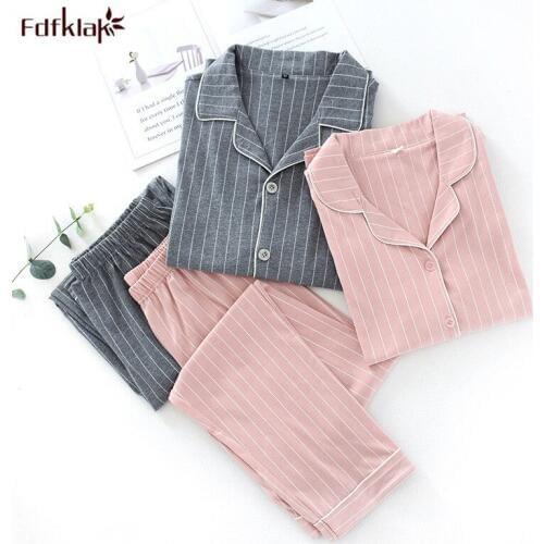 Fdfklak New couple pajamas ladies spring autumn cotton long-sleeved striped suit mens loose casual home clothes pyjamas women
