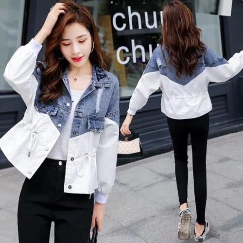 New Womens Denim Jacket 2021 Spring And Summer Jean Coat Female Fashion Waist Slimming Embroidered Stitching Contrast Hole Top