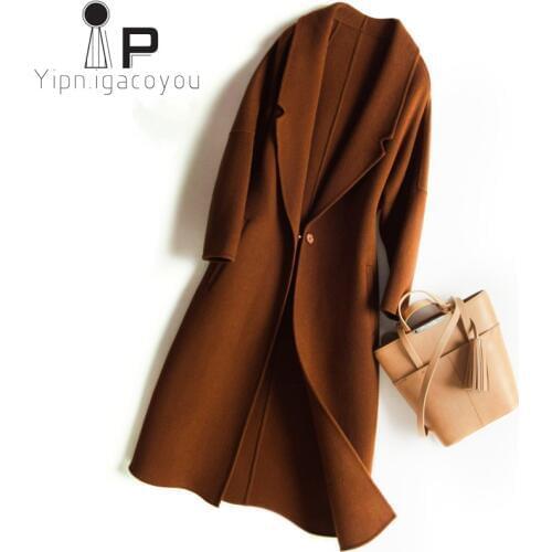 2021 Autumn Winter High Quality Long Wool Coat Women Black Caramel Slim Suit Collar Double Sided Wool Jacket Female Outerwear