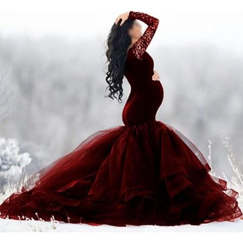 Sexy Lace Shoulderless Pregnancy Dress Photography Long Sleeve Mesh Maternity Maxi Gowns For Photo Shoot Pregnant Women Dress