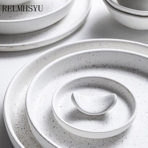 RELMHSYU Japanese Style Ceramic Rice Bowl Small Spoon Flat Plate Single Round Steak Plate Dish Household Tableware