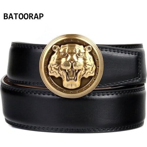 BATOORAP Black Belt For Men Casual Metal Click Buckle Automatic Cowskin Male Waist Strap Business Vintage Gold Tiger Belt Straps