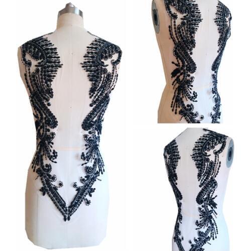 Hand made black sew on Rhinestones applique on mesh crystal patches trim 62*39cm for dress back