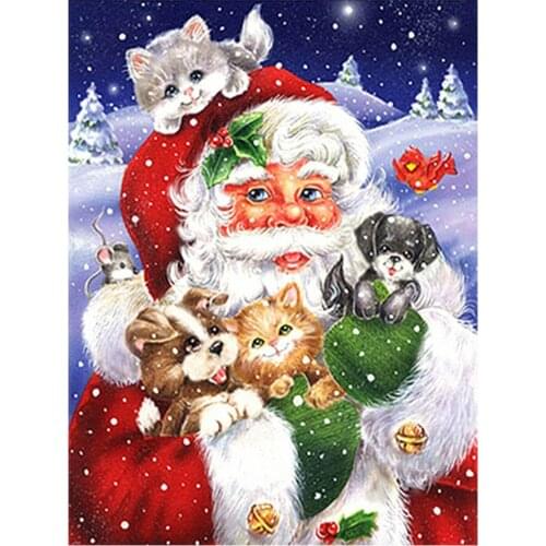 Santa Claus & Kitten Puppy Diamond Painting Round Full Drill Christmas Cartoon Animal DIY Mosaic Embroidery 5D Cross Stitch Gift