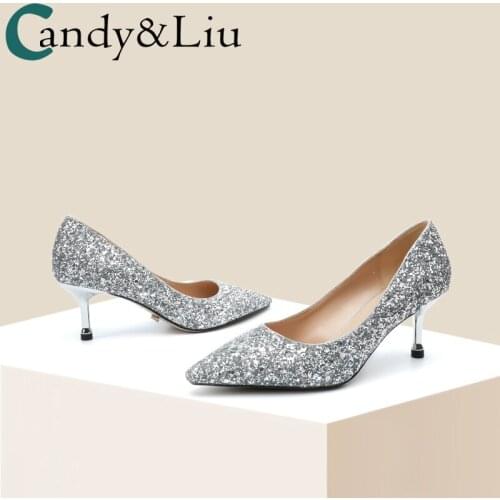 Silver Sequin Wedding Shoes 2021 New Bridesmaid Shoes Wedding Dress 6cm Pointed Middle Heel Thin Heel High Heels Womens Shoes