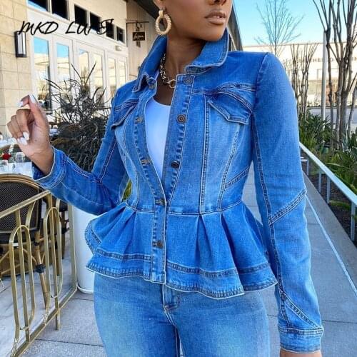 Chic Ruffles Buttoned Pocket Design Denim Coat Women Casual Denim Jackets