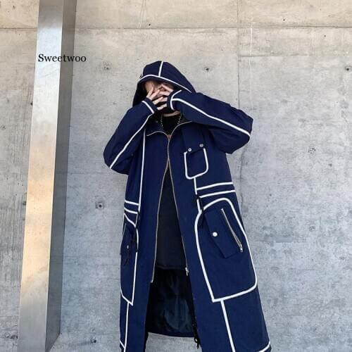 Trench Coat Men Streetwear Long Jacket Hip Hop Line Male Fashion Windbreaker Spring Autumn Hooded Overcoat