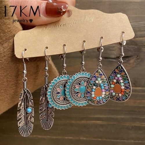 Vintage Colorful Dripping oil Earrings Set For Women Retro Geometric Feather Green Stone Wood Dangle Drop Earrings Jewelry