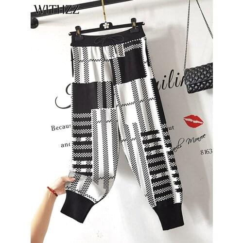 WITHZZ Women Autumn Winter Comfortable High Waist Trousers Plaid Loose Female Sports Casual Harem Pants