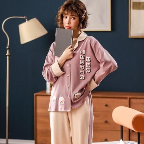 Women Sleepwear Lapel Cotton Pyjamas Spring Pajama Set Col Claudine Cartoon Plus Size XXL Winter Pajamas Loose Version