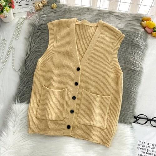 Korean Solid Pocket Knitted Vest Cardigan Women Spring Autumn New V-neck Sleeveless Loose Sweater Waistcoat Women Pull Femme