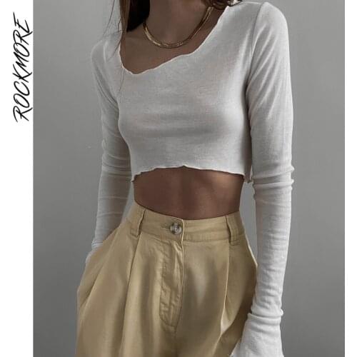Rockmore Solid Crop Top Women Streetwear Long Sleeve T Shirt Female Casual Y2k Aesthetic Clothes T-Shirt Harajuku Basic Tee 2021