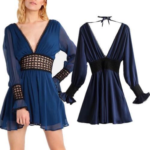 New listing 2019 Fashion Women Dress Elastic Waist Hollow MINI Dress Before And After deep V collar Sexy Backless Beach Dress