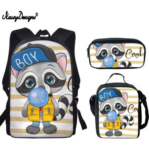 NOISYDESIGNS 3pcs/set Cartoon Raccoon Pattern School Backpack for Girls Boys Schoolbag Primary Students Casual Book Bag Mochila