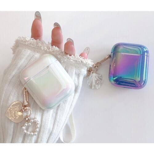 3D cute Lovely Pearl Shell Keychain Water Drop Rainbow Hard Headphone Earphone case for airpods 1 2 pro Wireless Headset cover