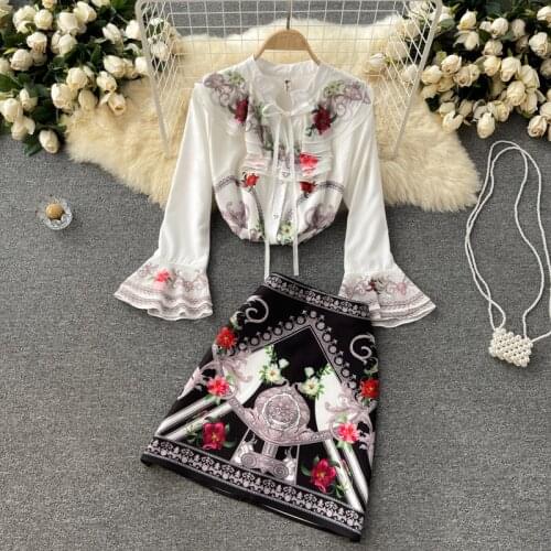 Amolapha Women 2021 Bohemian Print Flare Sleeve Shirt + High Waist Slim Skirt Suits Ladies Vintage Summer Big Size Clothes Sets