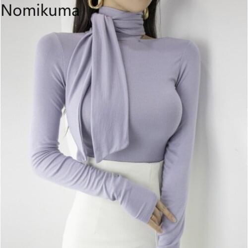 Nomikuma Stand Collar Lace Up Basic T Shirt Women Solid Color Slim Fit Long Sleeve Tshirts Casual Fashion Korean Graphic Tees