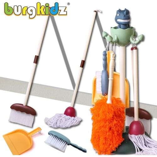 Kids Dinosaur Housework Tool Toys Plastic Cartoon Pretend Play Cleaning Broom Mop Brush Set Educational Toys For Children Gift