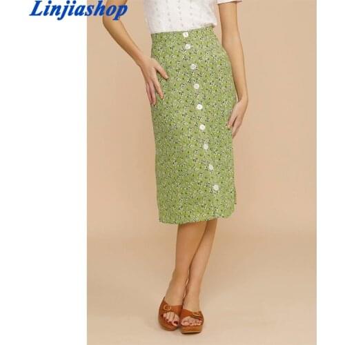 Elegant Split Midi Skirt Harajuku Vintage High Waist Bow Sashes Chiffon Green Retro Floral Print Slim Center Buttons Skirt