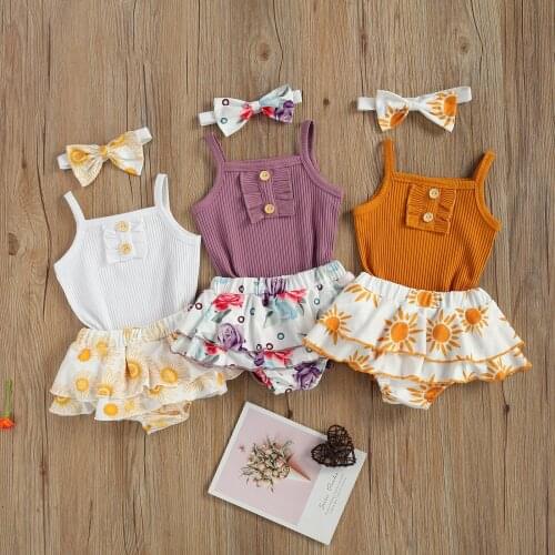 2021 3Pcs Fashion Baby Girls Outfit Summer Sleeveless Suspender Ribbed Romper + Printing Short Skirt + Bow Headwear Set