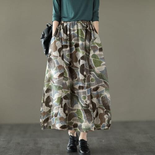 New 2020 Women Autumn Retro Literary Art Elastic Waist Skirt Mid-length Floral Skirt Loose Leisure A-line Vintage Midi Saia Y224