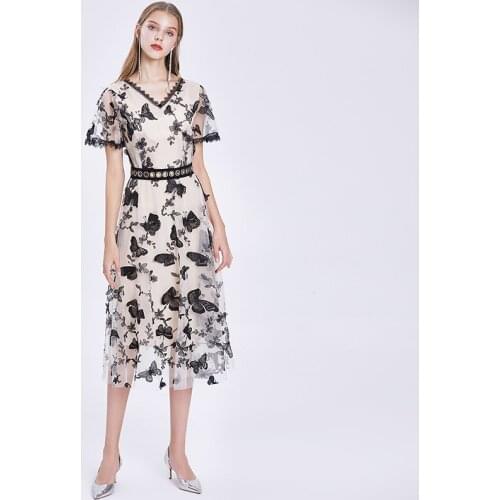 New Brand High-End Women Temperament Dresses Lluxuriy Vintage Three-Dimensional Butterfly Embroidery Slim Charming Long Dress