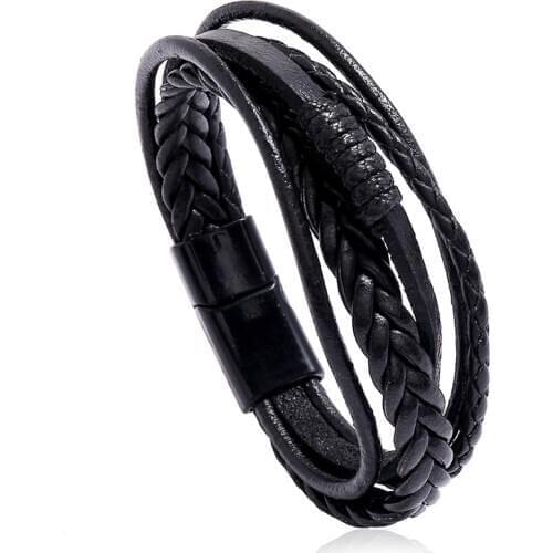 New Multilayer Brown Black Leather Bracelets Men Women Handmade Woven Magnet Clasp Buckle Homme Gift Jewelry Freely Shipping