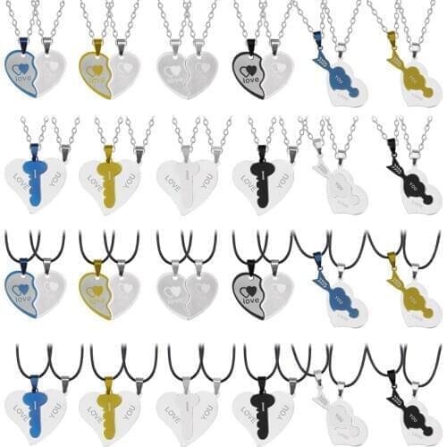 Stainless Steel Couples Necklace Heart Shaped Four Color Puzzle Various Pendant Steel Chain Leather Rope Jewelry Romantic Gifts