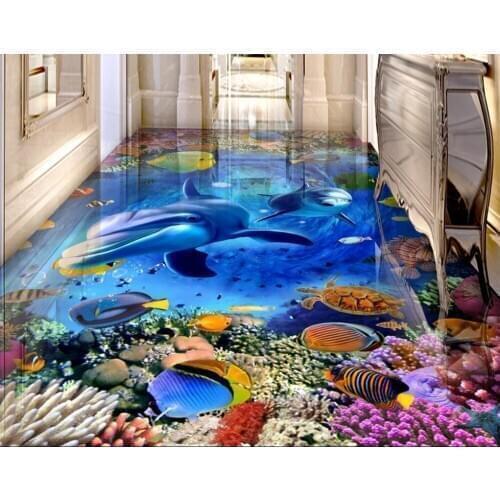 Custom 3D flooring murals underwater world dolphin 3d floor tiles waterproof self-adhesive murals floor