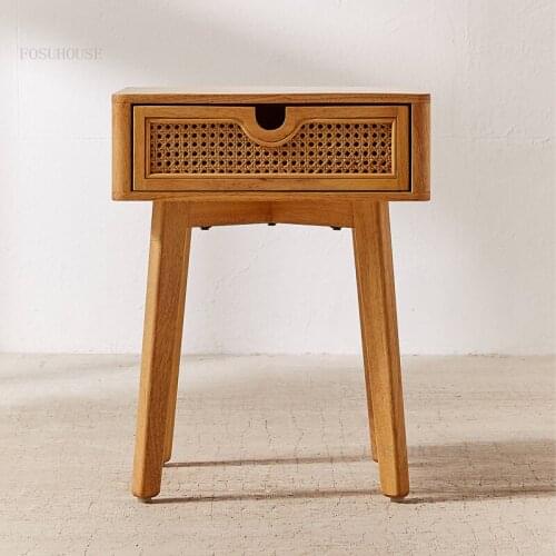 Japanese Solid Wood Small Apartment Nightstand Dormitory Hotel Villa Rattan Bedside Table Bedroom Home Furniture Storage Cabinet