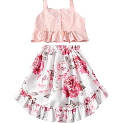 Pudcoco Kids Baby Girls 2-piece Outfit Set Sleeveless Tops+Floral Skirt Set for Children Girls 1-7T New Style 2021