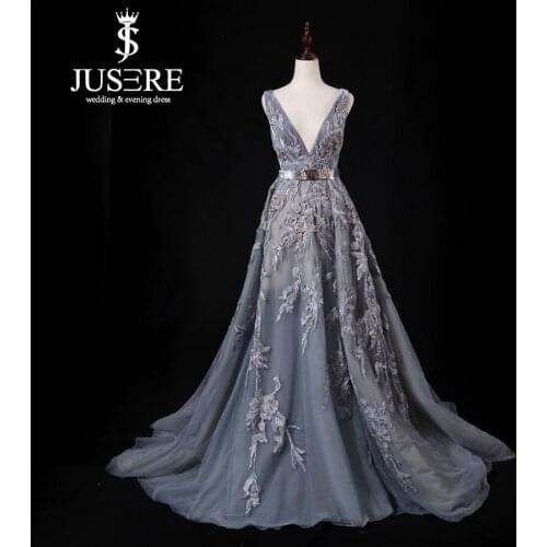 JUSERE Gorgeous Evening Dress With Embroidery V-Neck Sleeveless Sweep Train Formal Party Gowns 2019 ZS016 Long Evening Dresses