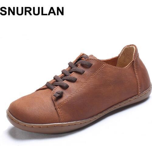 SNURULAN (35-42) Women Shoes Flat 100% Authentic Leather Plain toe Lace up Ladies Shoes Flats Woman Moccasins Female Footwear