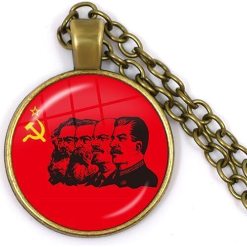 Soviet USSR Stalin Lenin Pendant Necklace Classic Red Star Hammer Sickle Communism Emblem CCCP Glass Cabochon Jewelry For Women