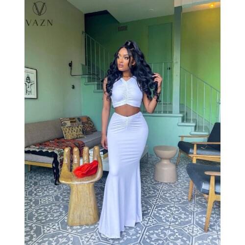VAZN 2021 Hot White Sexy Vacation Open Young Halter Off Shoulder Top High Waist Maxi Mermaid Skirts Skinny Women 2 Piece Set
