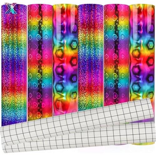 XFX HTV 8 Pcs 12*12in Holographic Gradient Shining Rainbow Vinyl Adhesive Craft Vinyl for DIE-Cutter&Silhouette DIY Decoration