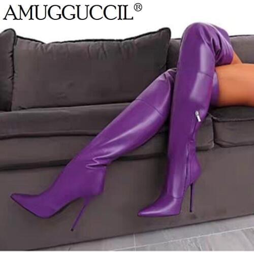2020 New Plus Big Size 35-47 Purple Gray Fashion Sexy Over The Knee Thigh High Heel Autumn Winter Female Lady Womens Boots X1850