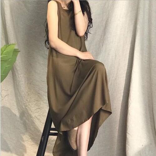Women Dresses Cotton Summer 21 New Mori Girl Style Solid Color Loose Sleeveless Wild Female Ankle-Length Dress Fashion