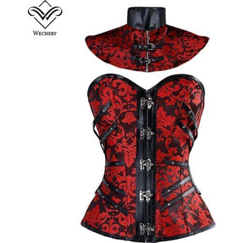Wechery Corset Sexy Steampunk Corset Womens Gothic Clothing Vintage Bustier 2Pcs Set Floral Rivets Decorated