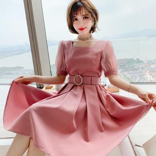 Awarose Puff Short Sleeve Square Collar High Waist Pleated Knee Length Dress Women Summer Fashion Patchwork Lady Office Dress