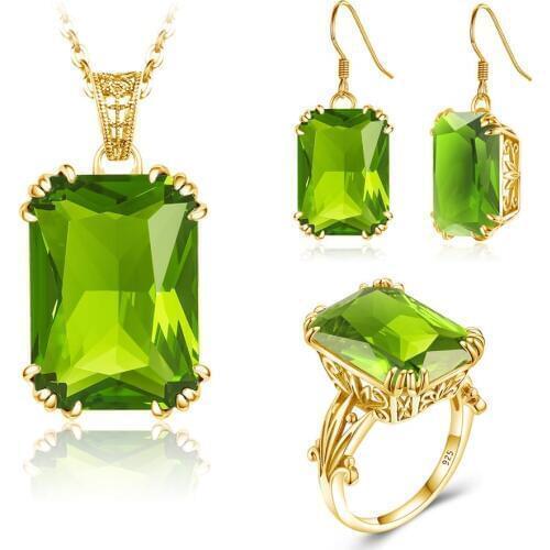 14K Gold Jewelry Sets For Women Gemstone Peridot Ring Earrings Pendientes Boho Wedding 925 Sterling Silver Fine Jewellery New
