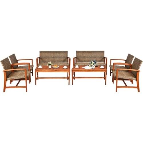 8PCS Outdoor Patio Rattan Furniture Set Acacia Wood Frame Sofa Loveseat Garden 2*HW66510