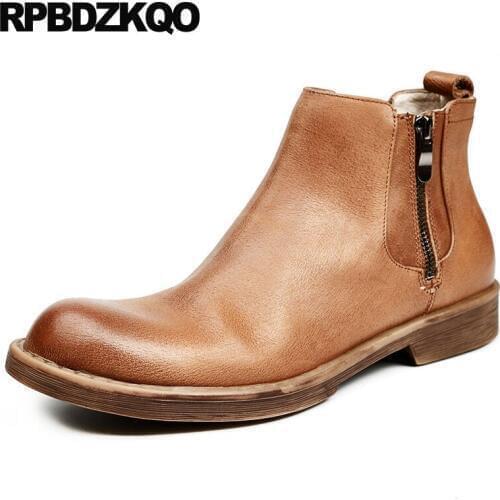 Winter Full Grain Leather Formal Fur Brown Real Shoes Vintage Handmade Ankle Genuine Booties Mens Zipper Dress Boots Designer