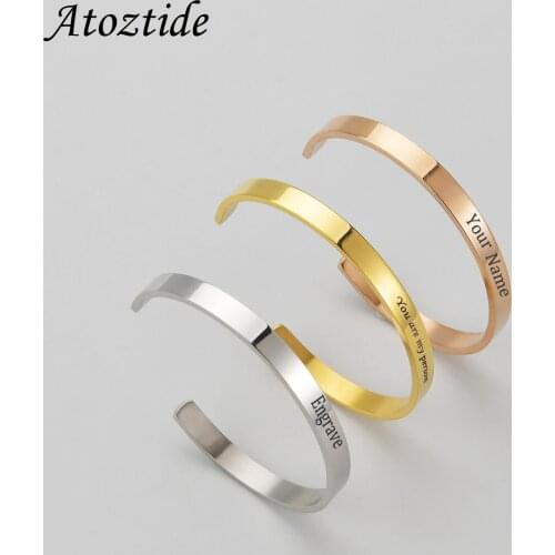 Atoztide Engrave 6mm Polished Open Bracelet Personalized Custom Name Bangle For Women Stainless Steel Jewelry Birthday Gift