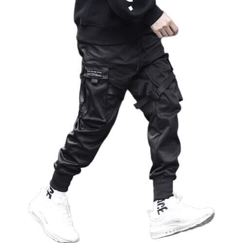 Spring autumn men ribbons hip hop punk rock cargo pants with many pockets street joggers mens casual tactical harem pants 4XL
