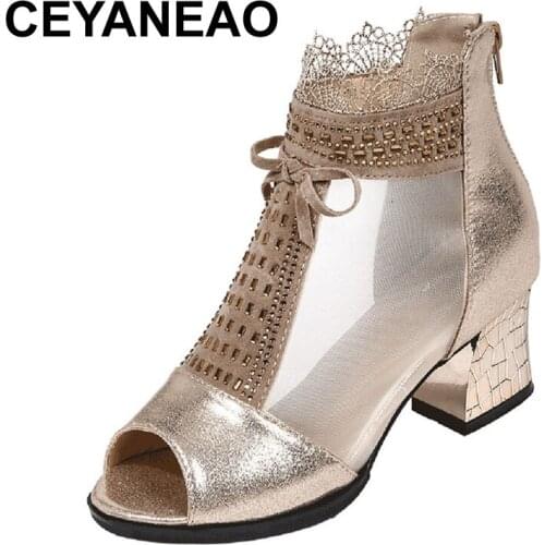 CEYANEAOwomen ladies 2020 fashion Peep toe crystal bow summer casual high heel sandals women shoes square heel