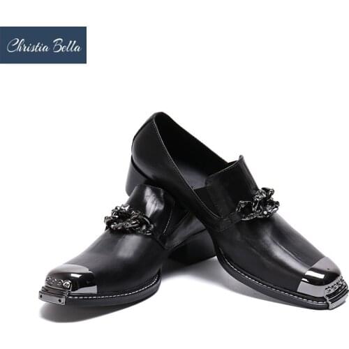 Christia Bella New Fashion Chain Genuine Leather Men Business Shoes Plus Size Slip on Metal Square Toe Formal Dress Shoes