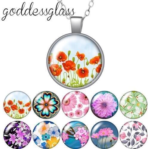 Flowers Poppy Daisy Magnolia sakura Beauty Round Glass glass cabochon silver plated/Crystal pendant necklace jewelry for Gift